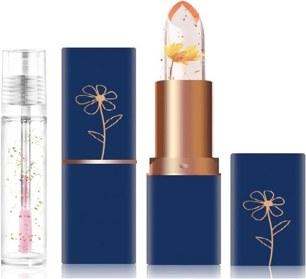 2 PCS Crystal Flower Jelly Lipstick Set, Magical Color Changing Lipstick and Lip Oil Set, PH Transparent Color Temperature Changing Lip Gloss, Long Lasting and Moisturizing Lipstick Set (#6)