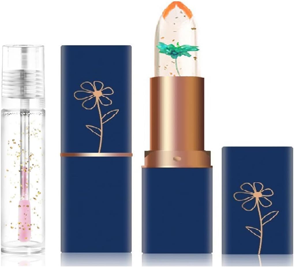 2 PCS Crystal Flower Jelly Lipstick Set, Magical Color Changing Lipstick and Lip Oil Set, PH Transparent Color Temperature Changing Lip Gloss, Long Lasting and Moisturizing Lipstick Set (#6)