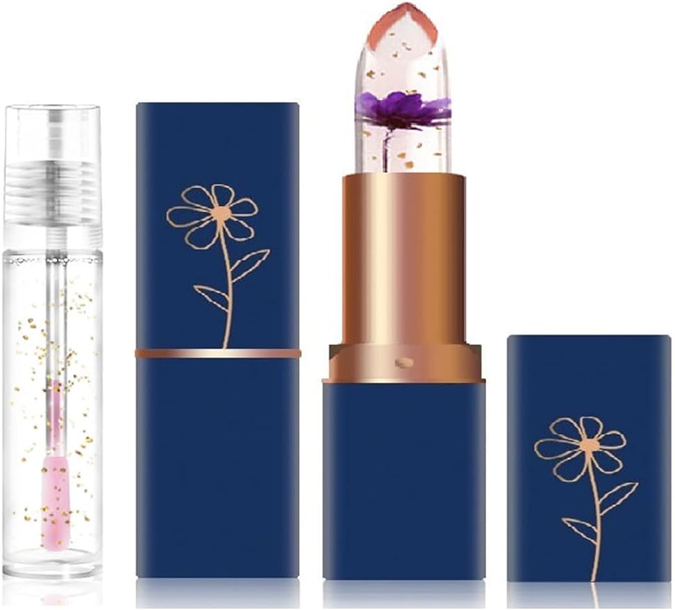 2 PCS Crystal Flower Jelly Lipstick Set, Magical Color Changing Lipstick and Lip Oil Set, PH Transparent Color Temperature Changing Lip Gloss, Long Lasting and Moisturizing Lipstick Set (#6)