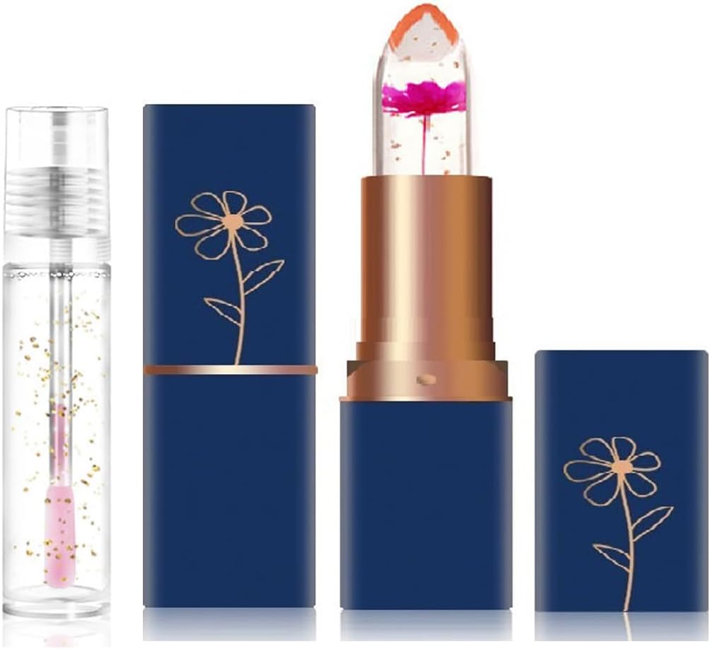 2 PCS Crystal Flower Jelly Lipstick Set, Magical Color Changing Lipstick and Lip Oil Set, PH Transparent Color Temperature Changing Lip Gloss, Long Lasting and Moisturizing Lipstick Set (#6)