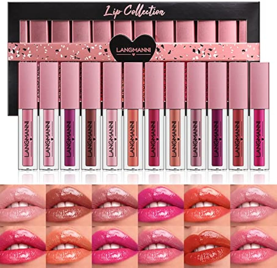 Beauty Searcher 12pcs Lip Gloss Set, Hydrating Long Lasting Waterproof Non-Stick Cup Moisturizing Liquid Lipstick Shimmer Lip Tinted Makeup Gift Set for Women and Girls