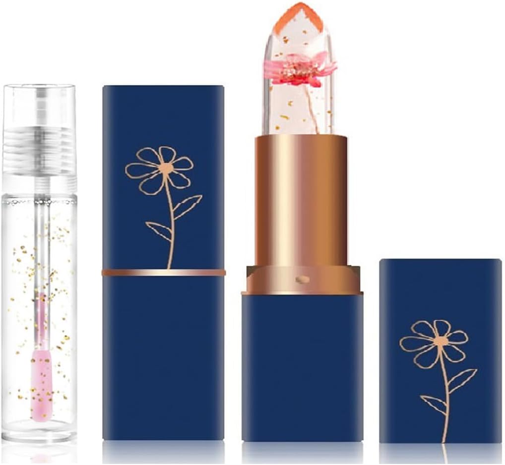 2 PCS Crystal Flower Jelly Lipstick Set, Magical Color Changing Lipstick and Lip Oil Set, PH Transparent Color Temperature Changing Lip Gloss, Long Lasting and Moisturizing Lipstick Set (#6)