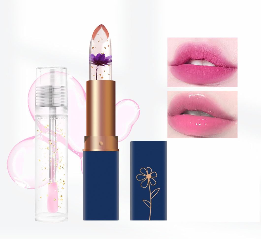 2 PCS Crystal Flower Jelly Lipstick Set, Magical Color Changing Lipstick and Lip Oil Set, PH Transparent Color Temperature Changing Lip Gloss, Long Lasting and Moisturizing Lipstick Set (#6)