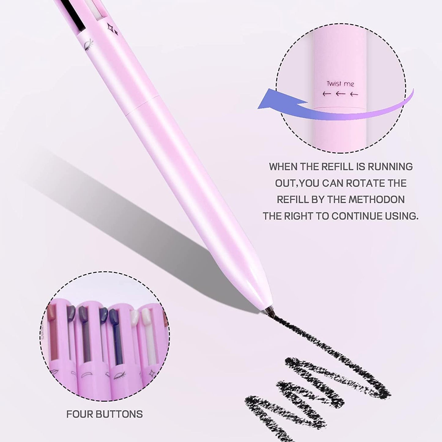 4-in-1 Makeup Pen, Eye Liner, Brow Liner, Lip Liner, & Highlighter Pen, Waterproof All in One Makeup Pen Eye Long-Lasting 4 Color Multi-function Makeup Beauty Pencil (Pink)