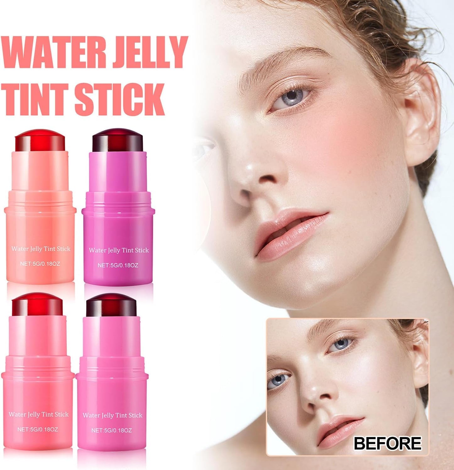 Water Jelly Tint Stick,Blush lip gloss stick Milk Cooling Water Jelly Tint Lip Gloss,Sheer Lip & Cheek Stain,Milk Jelly Tint Jelly Blush Stick,Long Lasting Jelly Texture Moisturising 04 Rose Pink