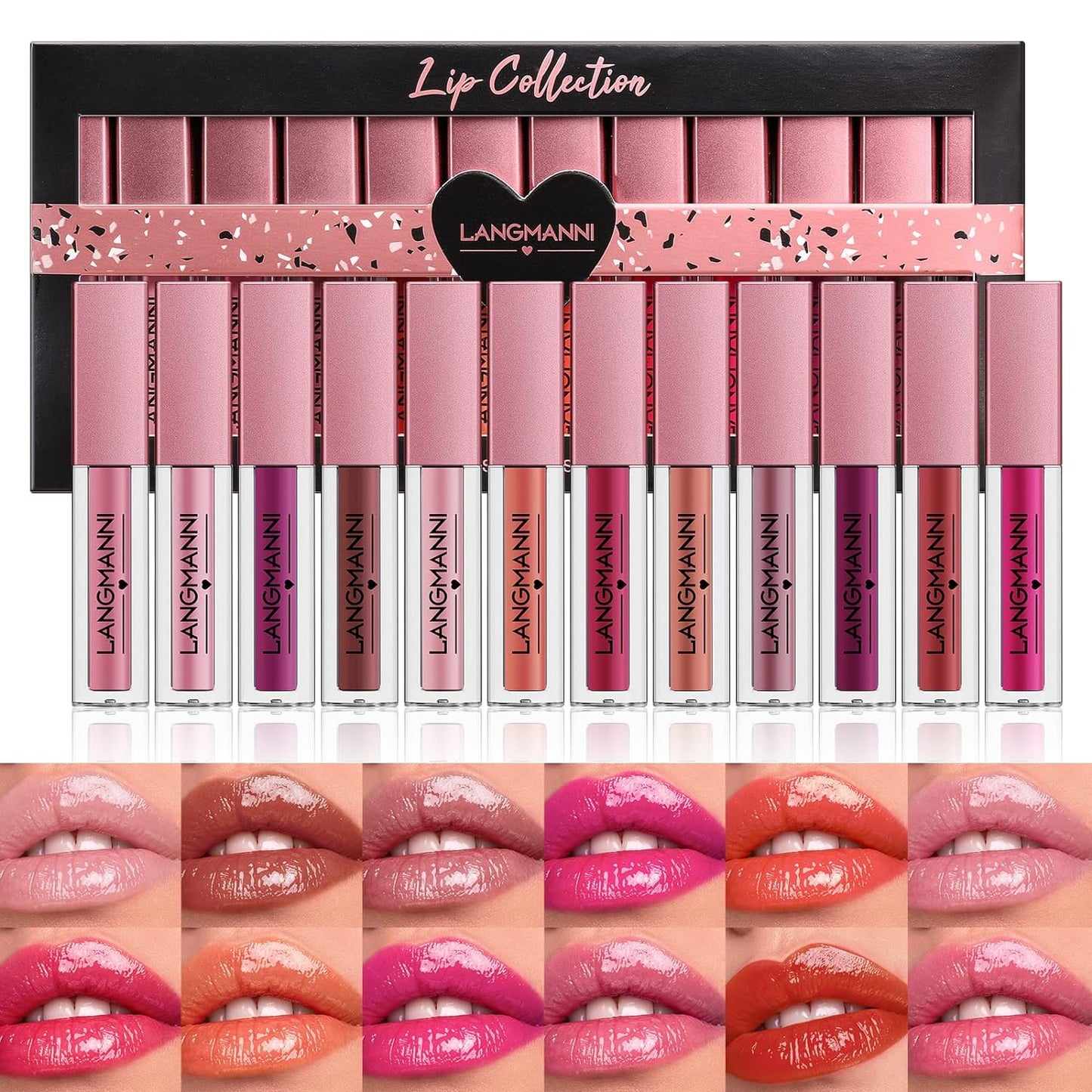 Beauty Searcher 12pcs Lip Gloss Set, Hydrating Long Lasting Waterproof Non-Stick Cup Moisturizing Liquid Lipstick Shimmer Lip Tinted Makeup Gift Set for Women and Girls